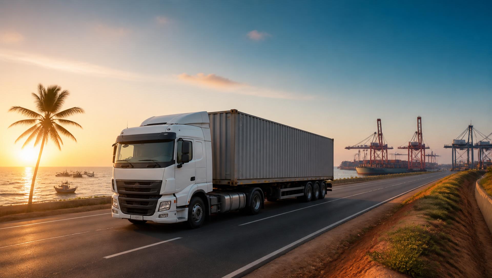 Convoi de camions logistiques dans un port ouest-africain